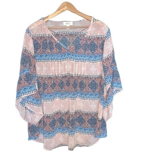 Style & Co Womens XL Sheer Pink & Blue Boho Printed Kimono Sleeve Blouse - Picture 2 of 4